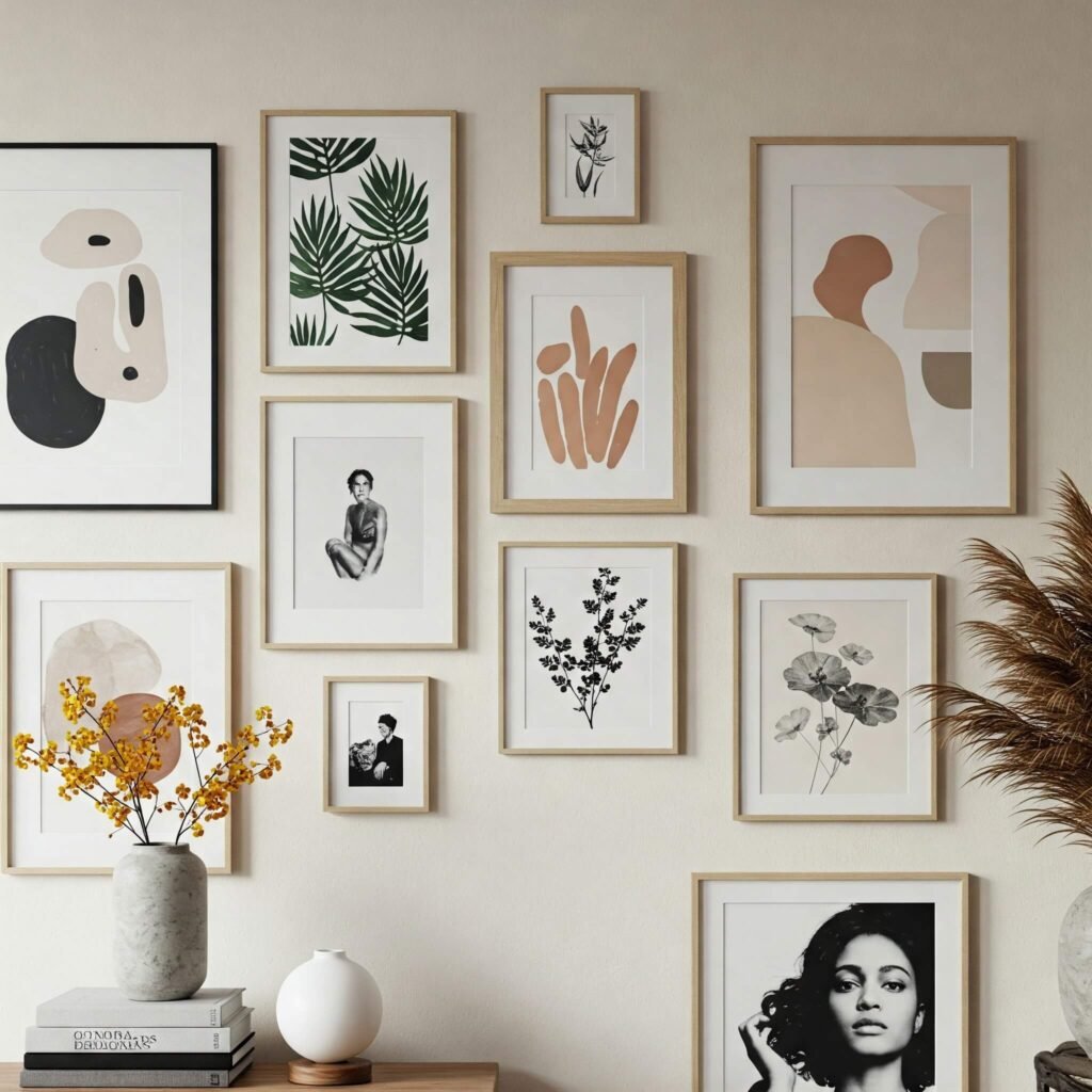 A stylish gallery wall with a mix of framed prints