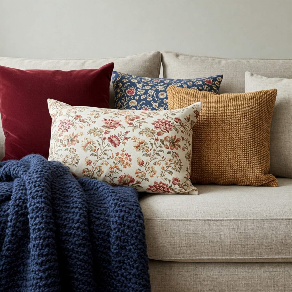 Affordable textiles create a stylish and cozy sofa