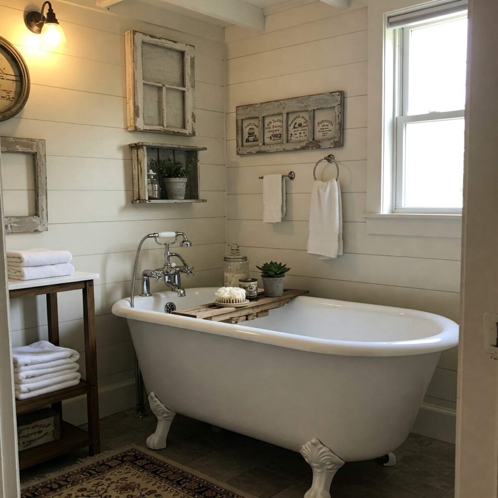 Farmhouse Bathroom with Clawfoot Tub and Shiplap Walls