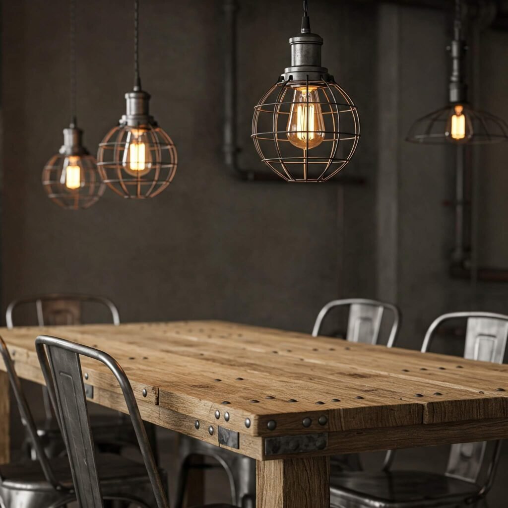 Industrial dining table with metal cage pendant lights