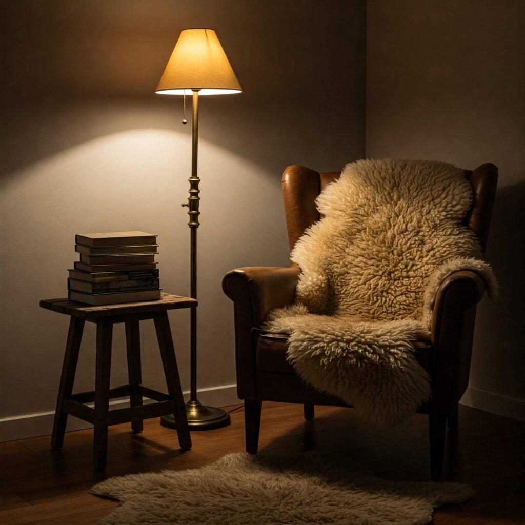 Cozy reading nook with a comfortable armchair, sheepskin rug, floor lamp, and stack of books