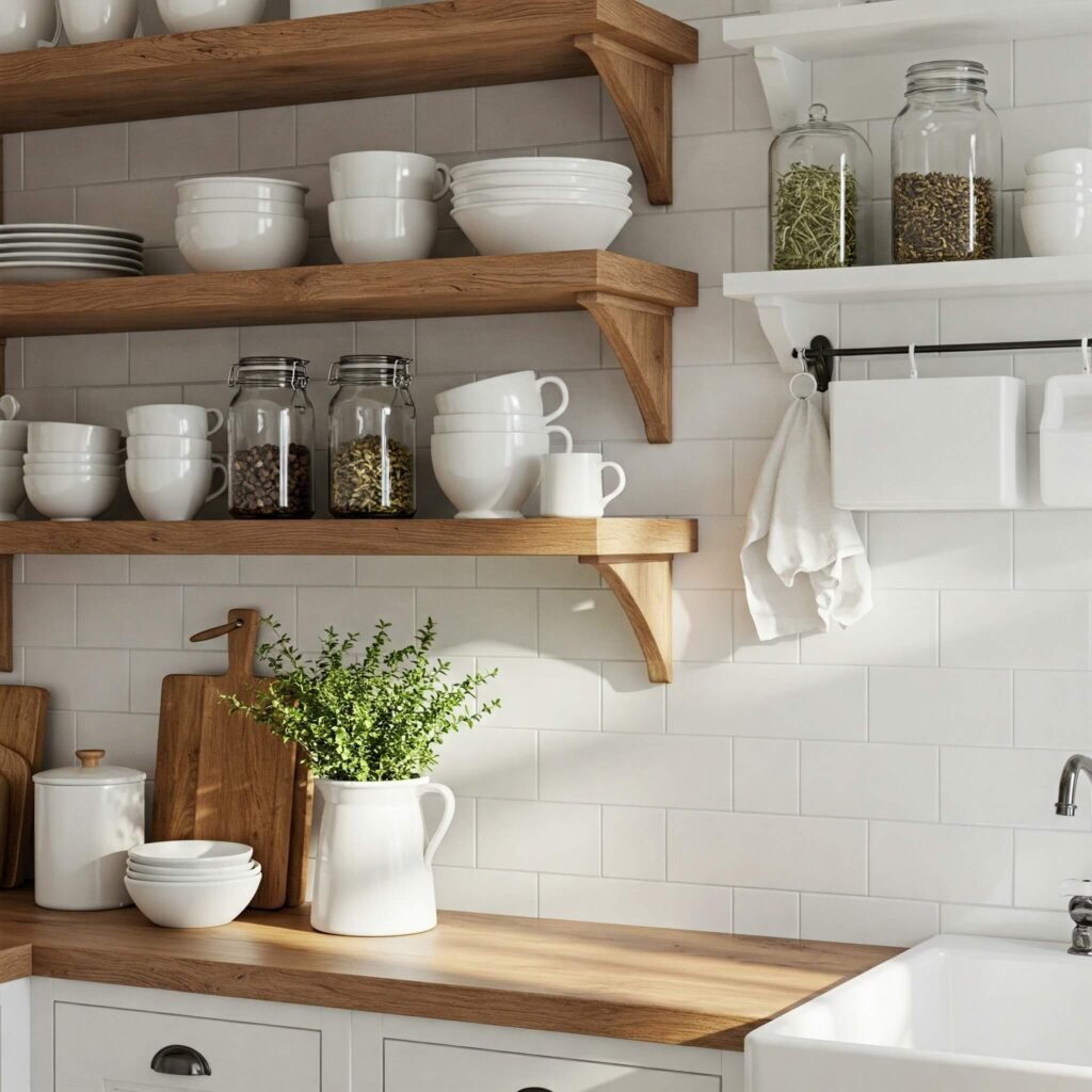 Farmhouse kitchen open shelving