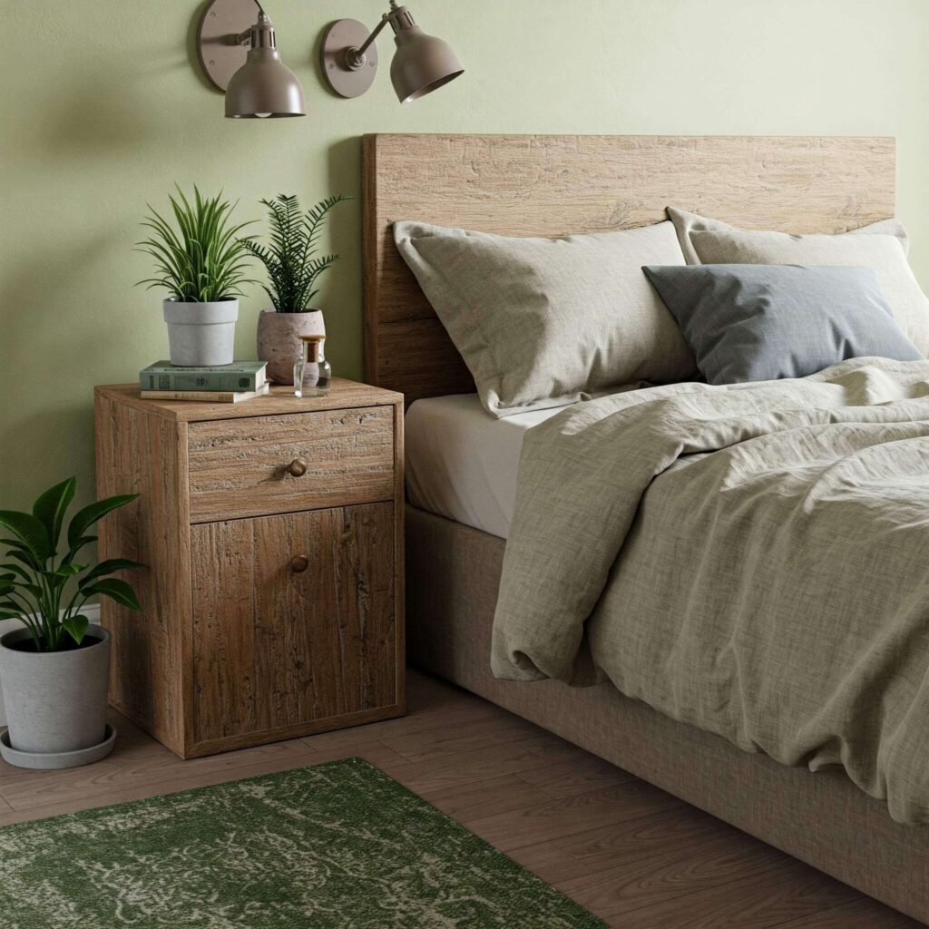 Reclaimed wood and linen in sustainable bedroom