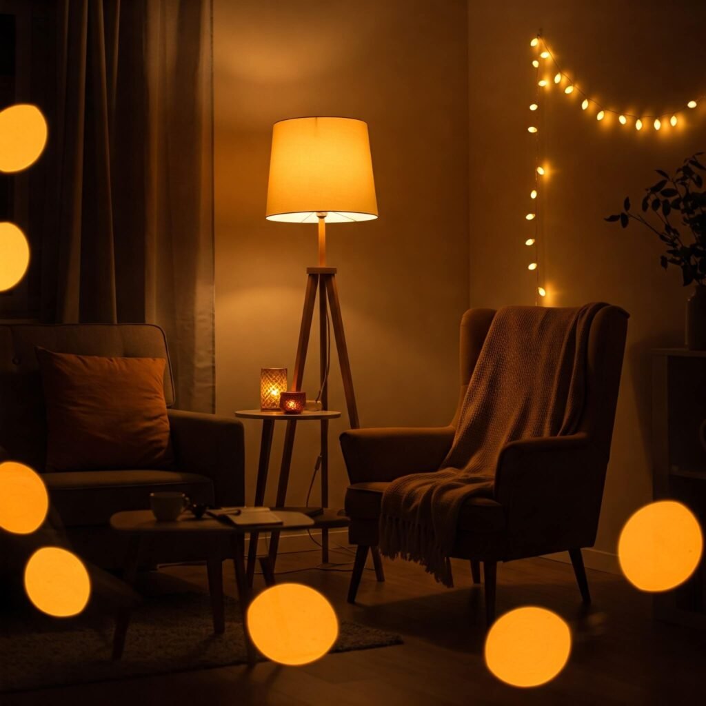 Cozy living room with layered lighting