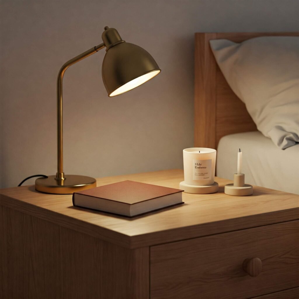 Organized Nightstand with Lamp, Book, Candle