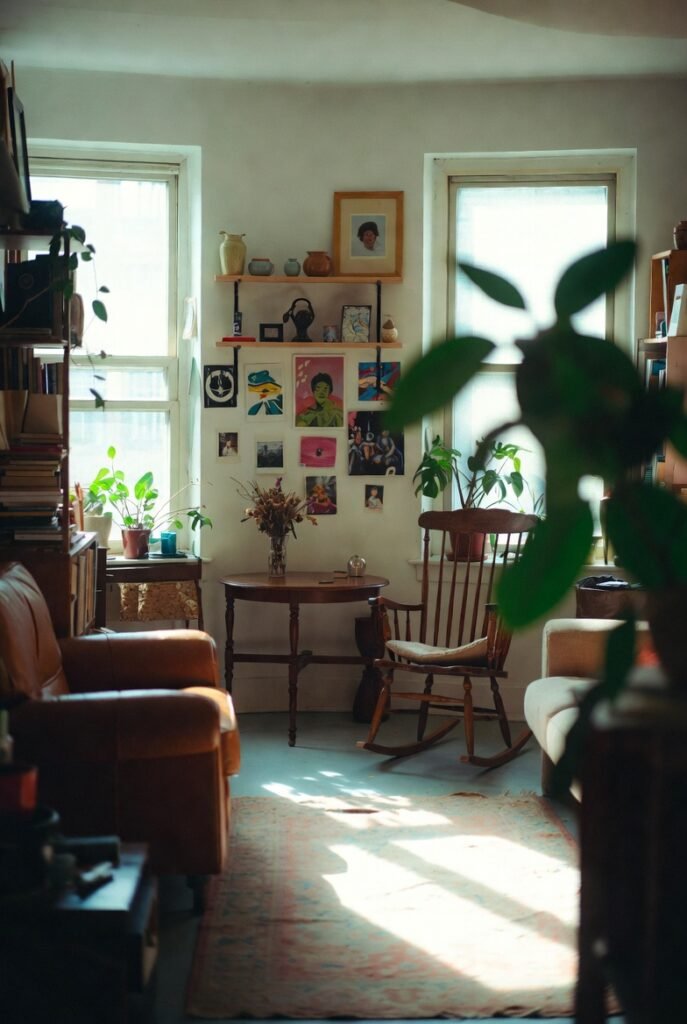 A lived-in Queens apartment with mismatched furniture, thrifted decor, warm sunlight through windows, muted earth tones with pops of green from plants.